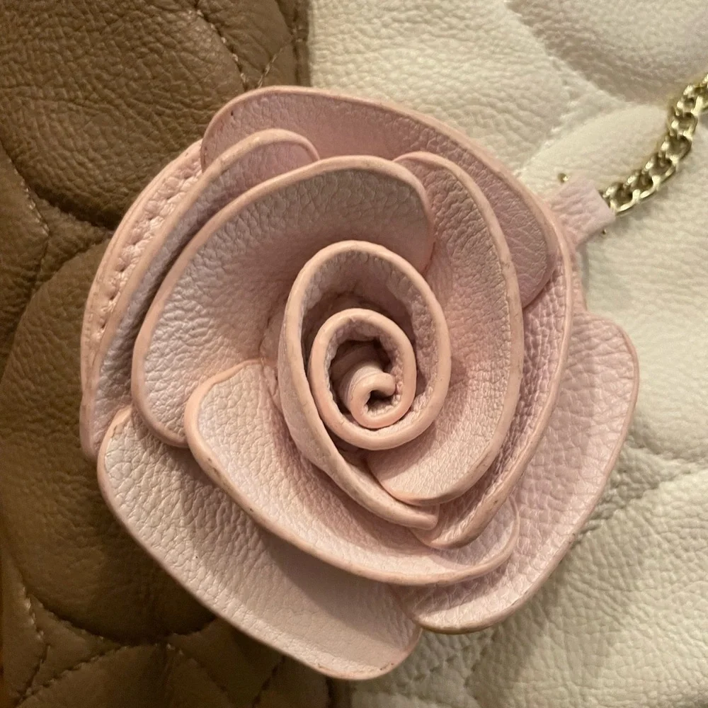 Betsey Johnson Cream and Tan Heart Quilted Bag with Pink Rose - Picture 4 of 9